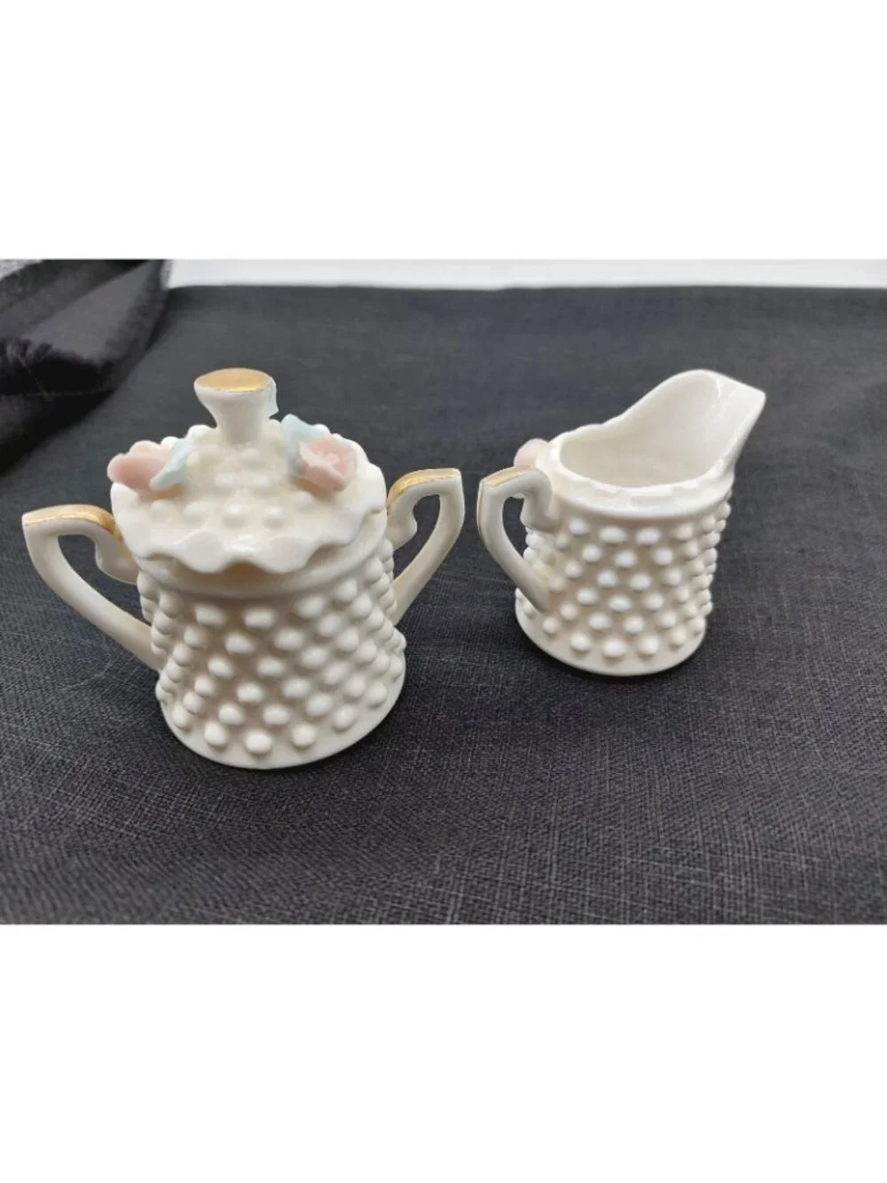 Vintage Mini White Gold Trim Hobnail Creamer And Sugar Floral 2